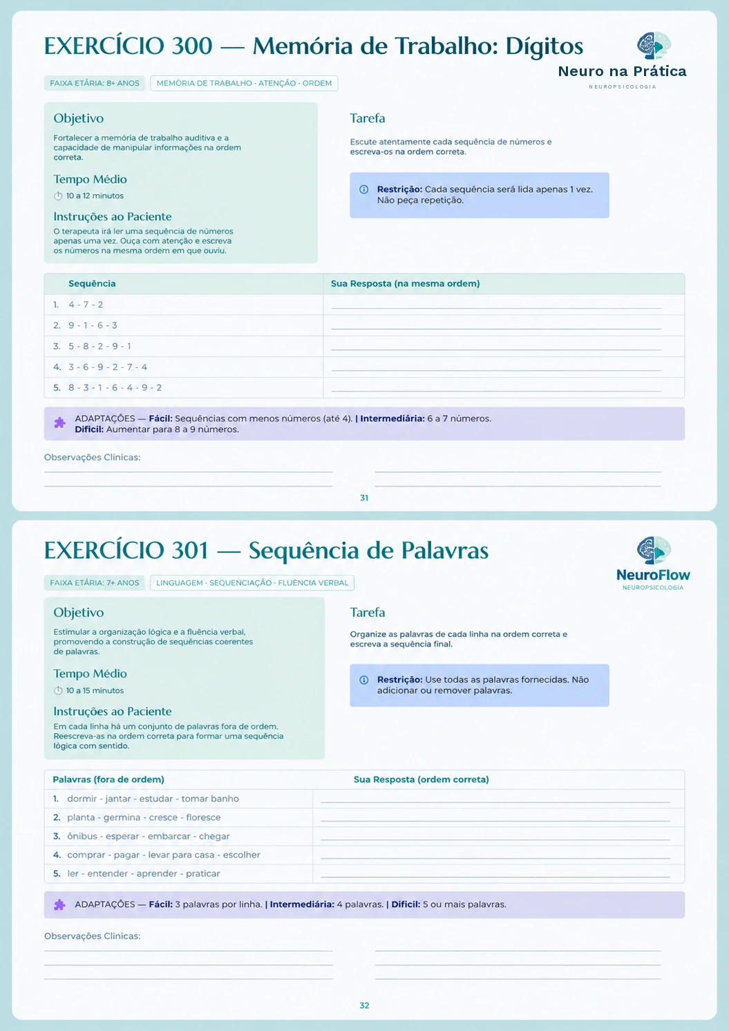 Exercício 301 — Sequência de palavras e memória de trabalho, Neuro na Prática