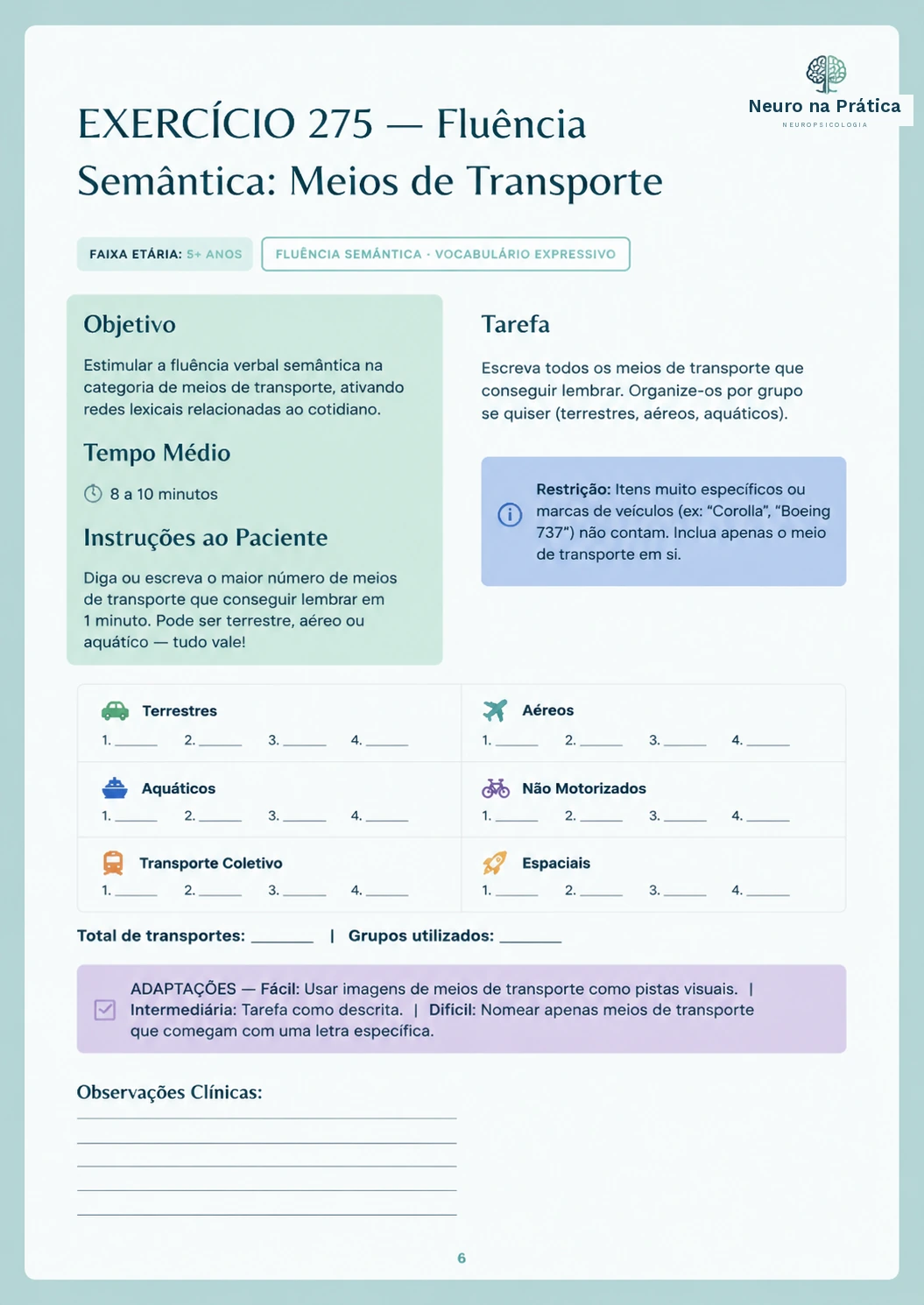 Exercício 275 — Fluência semântica: meios de transporte, Neuro na Prática