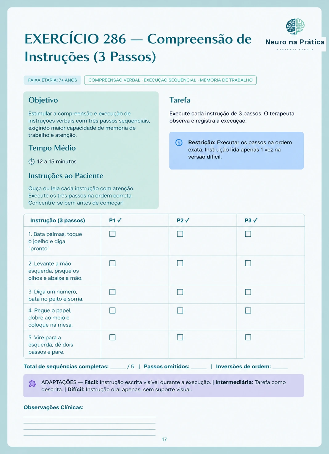 Exercício 286 — Compreensão de instruções, Neuro na Prática